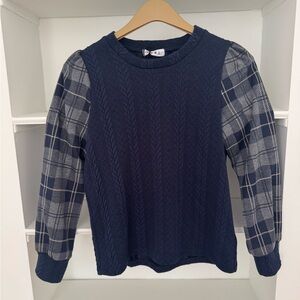 Navy Sweater with Plaid Sleeves